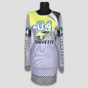 General Motors Bodycon Mini Dress Corvette Graphic Long Sleeves Mesh Purple sz M